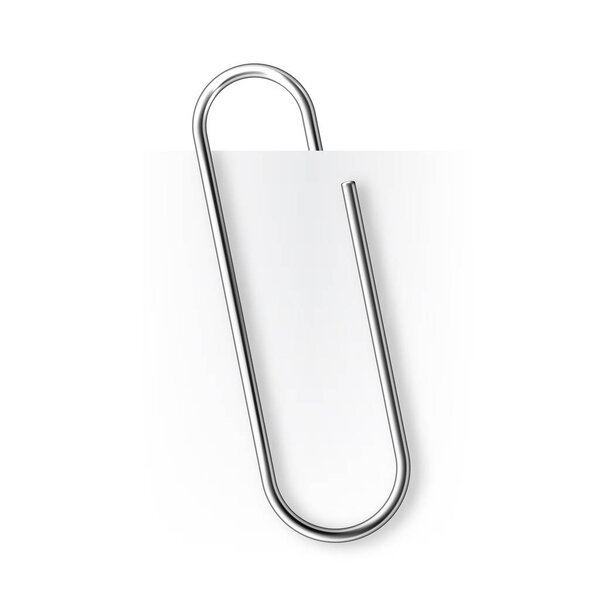 Realistic tilted metal paper clip. Page holder, binder. Vector illustration.