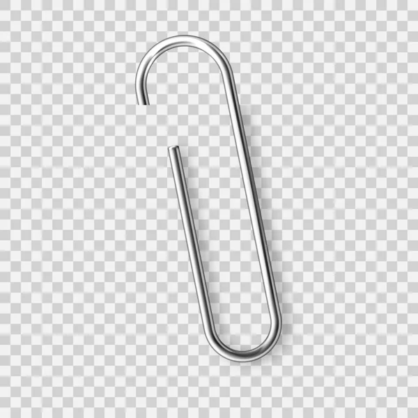 Realistic tilted metal paper clip. Page holder, binder. Vector illustration. — Stok Vektör