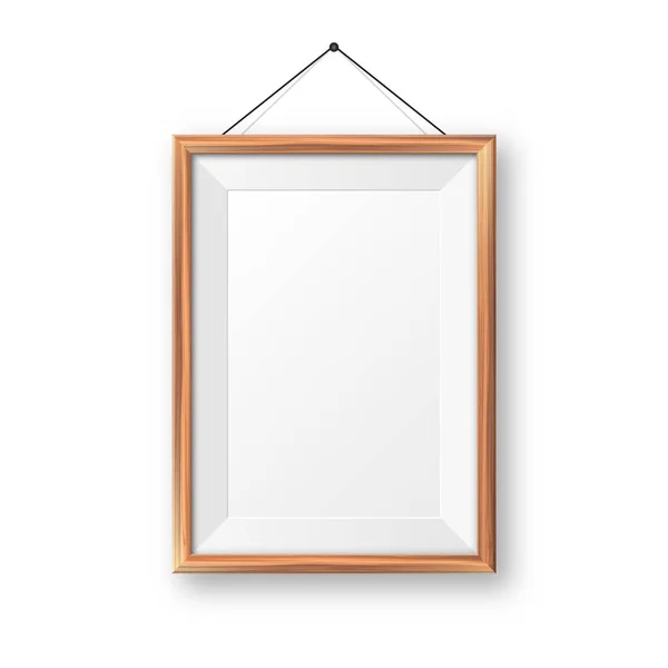 Realistic hanging on a wall blank wooden picture frame. Modern poster mockup. Empty photo frame with texture of wood. Art gallery. Vector illustration. — 스톡 벡터