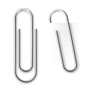 Realistic tilted metal paper clip. Page holder, binder. Vector illustration.