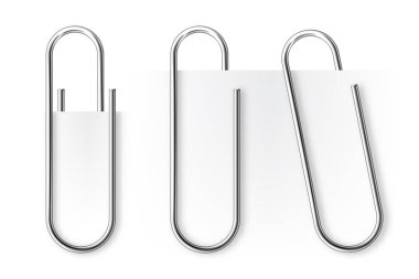 Realistic tilted metal paper clip. Page holder, binder. Vector illustration.