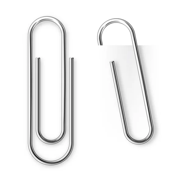 Realistic tilted metal paper clip. Page holder, binder. Vector illustration. — Stok Vektör