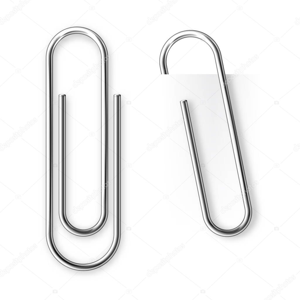 Realistic tilted metal paper clip. Page holder, binder. Vector illustration.