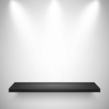 Illuminated realistic wall shelf. Empty store rack. Studio background with spotlights. Vector illustration.