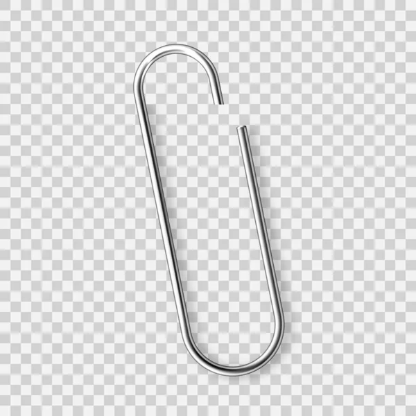 Realistic tilted metal paper clip. Page holder, binder. Vector illustration. — Stok Vektör