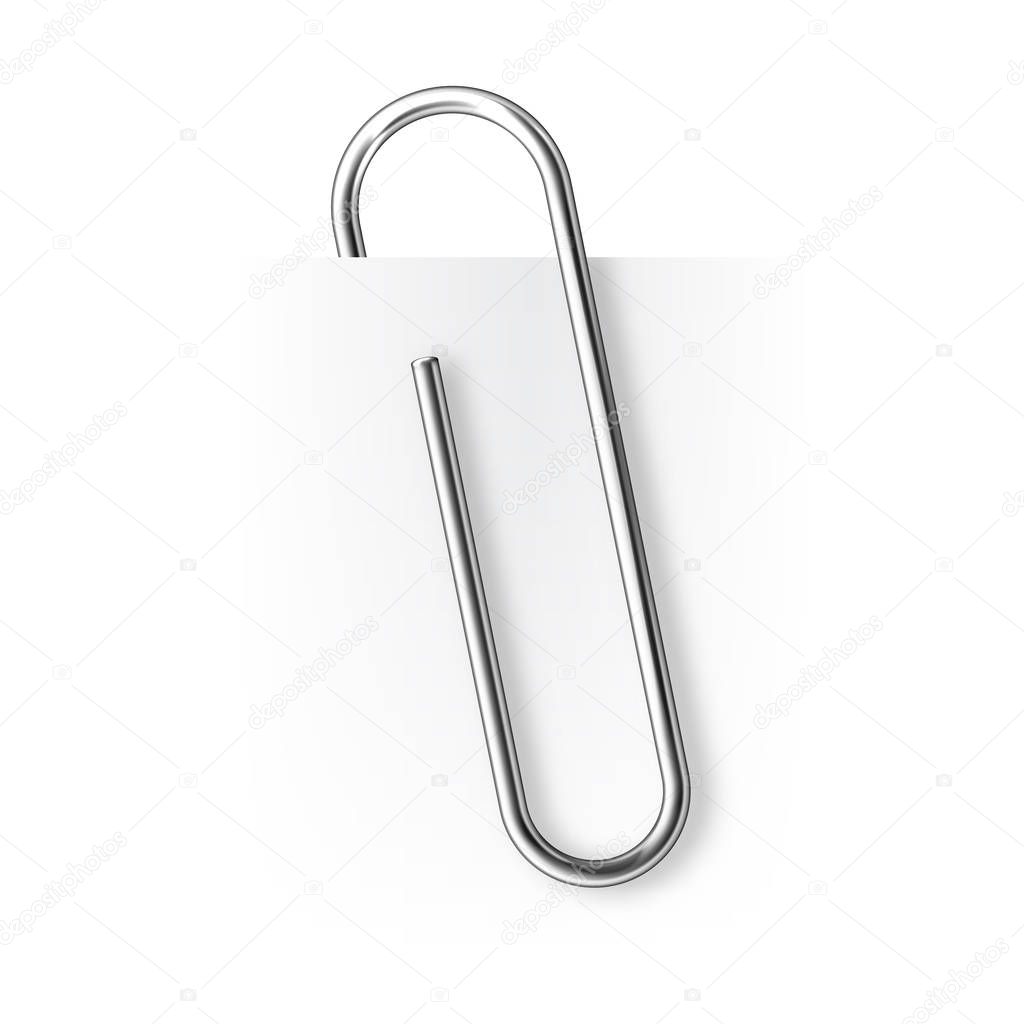 Realistic tilted metal paper clip. Page holder, binder. Vector illustration.