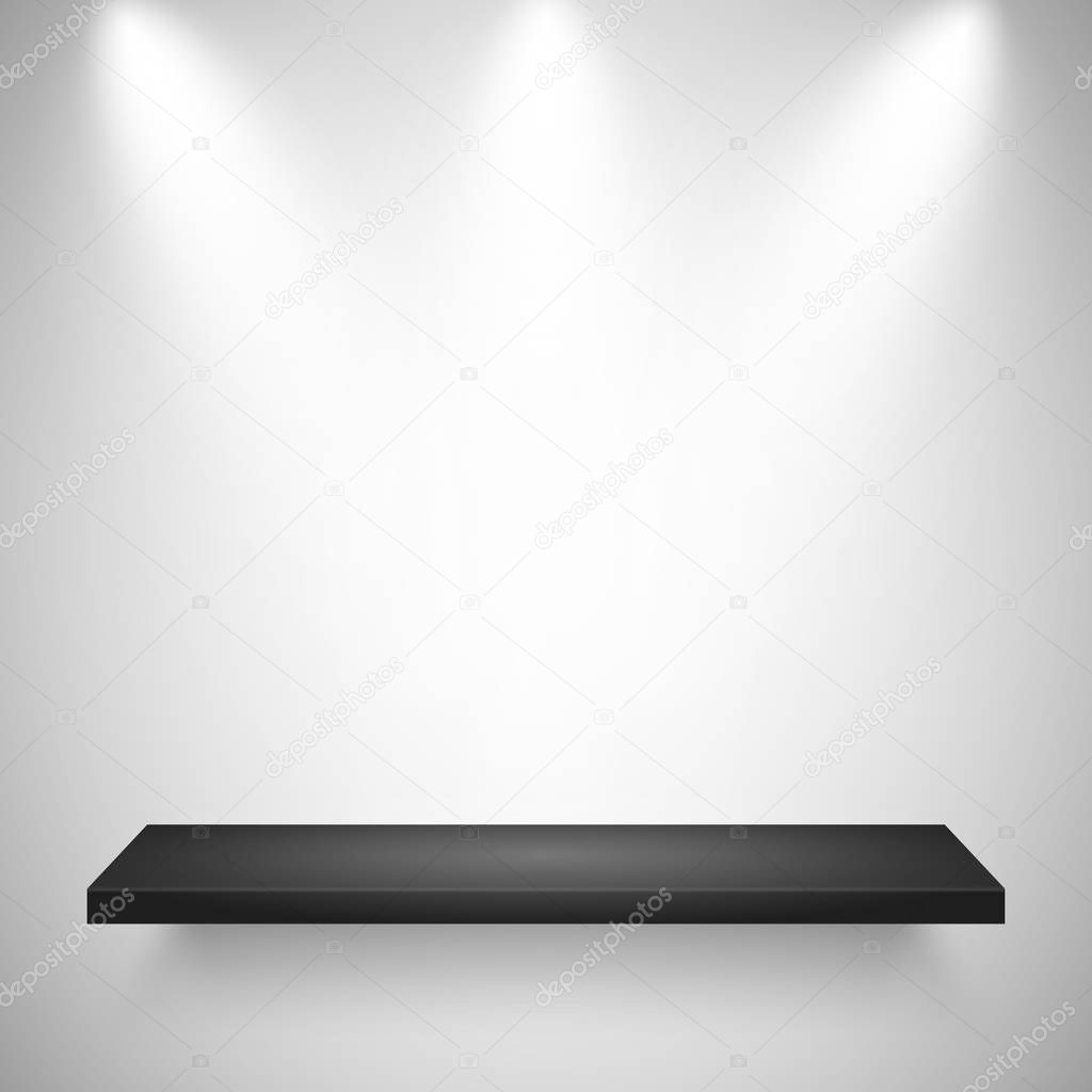 Illuminated realistic wall shelf. Empty store rack. Studio background with spotlights. Vector illustration.