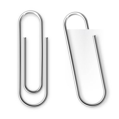 Realistic tilted metal paper clip. Page holder, binder. Vector illustration.