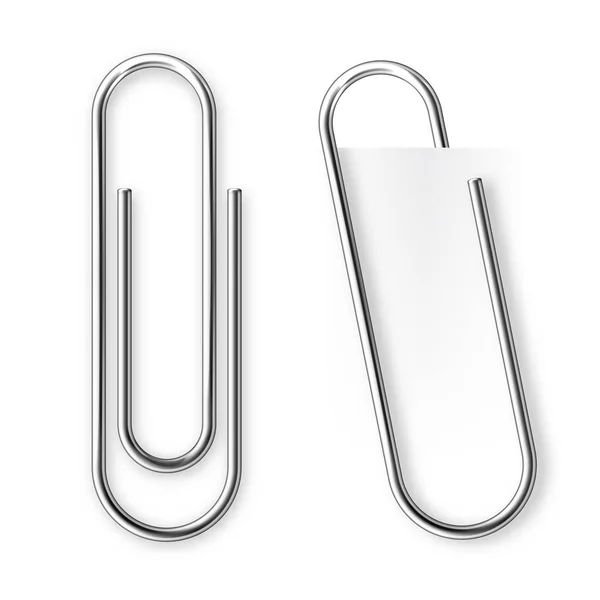 Realistic tilted metal paper clip. Page holder, binder. Vector illustration. — Stok Vektör