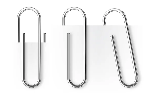 Realistic tilted metal paper clip. Page holder, binder. Vector illustration. — ストックベクタ