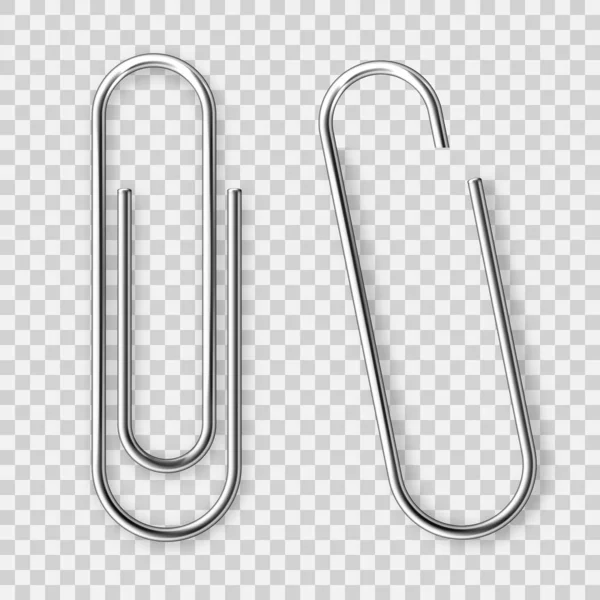 Realistic tilted metal paper clip. Page holder, binder. Vector illustration. — 스톡 벡터