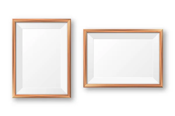 Realistic blank wooden picture frame. Modern poster mockup. Empty photo frame with texture of wood. Art gallery. Vector illustration. — Stock Vector