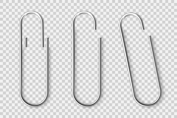 Realistic tilted metal paper clip. Page holder, binder. Vector illustration. — ストックベクタ