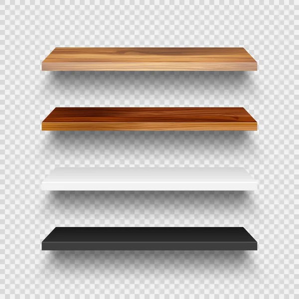 Realistic empty wooden store shelves set. Product shelf with wood texture. Grocery wall rack. Vector illustration. — Stok Vektör