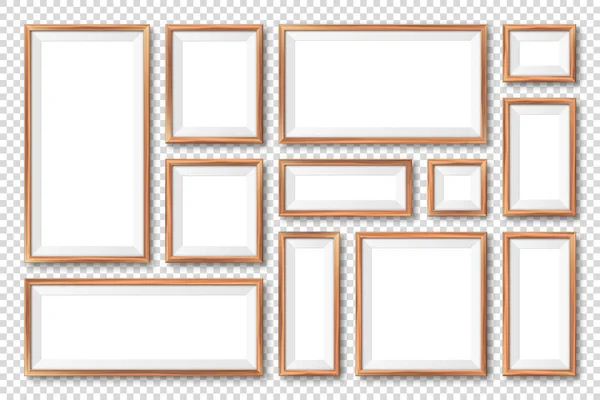 现实的空白木制画框收藏.现代海报模仿。有木质感的空相框.美术馆。矢量说明. — 图库矢量图片