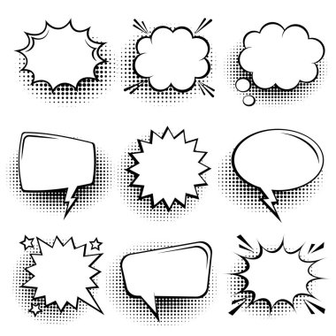 Yarım tonlu gölgeli boş komik konuşma baloncukları koleksiyonu. El çizimi eski çizgi film çıkartmaları. Pop sanat tarzı. Vektör illüstrasyonu.