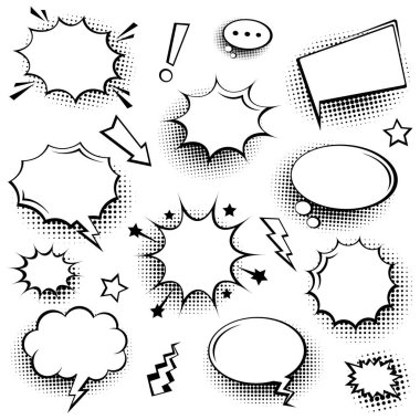 Yarım tonlu gölgeli boş komik konuşma baloncukları koleksiyonu. El çizimi eski çizgi film çıkartmaları. Pop sanat tarzı. Vektör illüstrasyonu.
