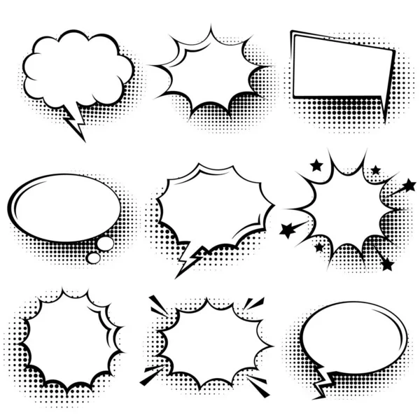 Yarım tonlu gölgeli boş komik konuşma baloncukları koleksiyonu. El çizimi eski çizgi film çıkartmaları. Pop sanat tarzı. Vektör illüstrasyonu.