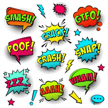 Yarım ton gölge ve metin cümleli komik renkli konuşma balonları. Duyguların sesi. El çizimi eski çizgi film çıkartmaları. Pop sanat tarzı. Vektör illüstrasyonu.
