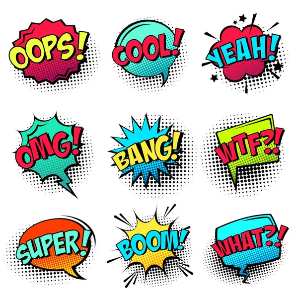 Comic colored speech bubbles with halftone shadow and text phrase. Sound expression of emotion. Hand drawn retro cartoon stickers. Pop art style. Vector illustration. — Stock Vector