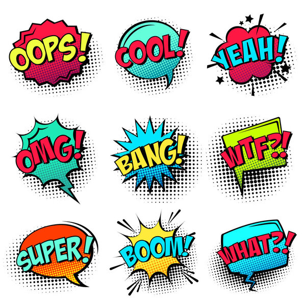 Comic colored speech bubbles with halftone shadow and text phrase. Sound expression of emotion. Hand drawn retro cartoon stickers. Pop art style. Vector illustration.