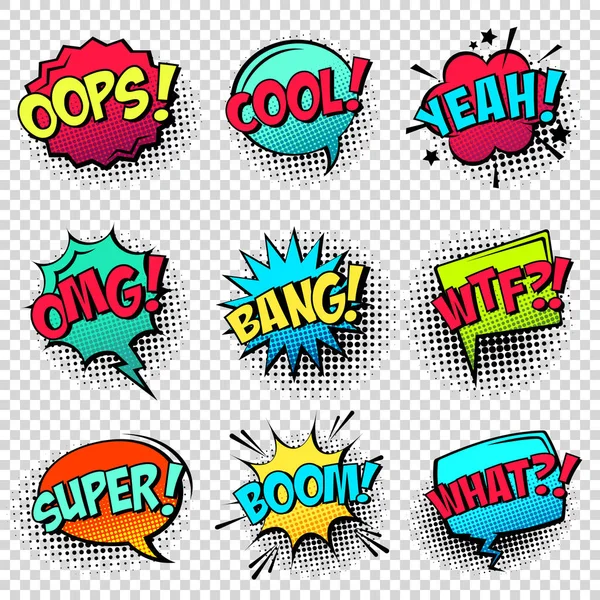 Comic-farbige Sprechblasen mit Halbtonschatten und Textphrasen. Klanglicher Ausdruck von Emotionen. handgezeichnete Retro-Cartoon-Sticker. Pop-Art-Stil. Vektorillustration. — Stockvektor