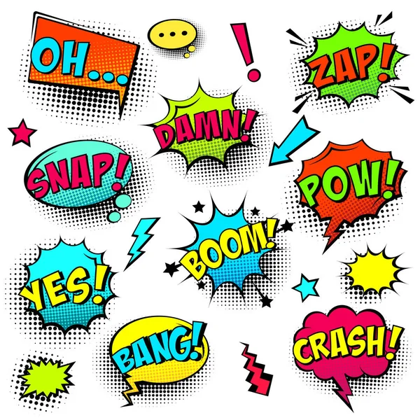 Comic colored speech bubbles with halftone shadow and text phrase. Sound expression of emotion. Hand drawn retro cartoon stickers. Pop art style. Vector illustration. — 스톡 벡터