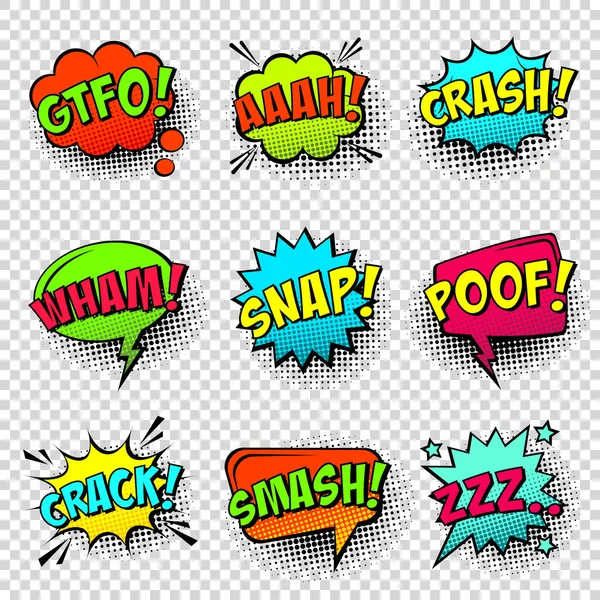 Comic-farbige Sprechblasen mit Halbtonschatten und Textphrasen. Klanglicher Ausdruck von Emotionen. handgezeichnete Retro-Cartoon-Sticker. Pop-Art-Stil. Vektorillustration. — Stockvektor