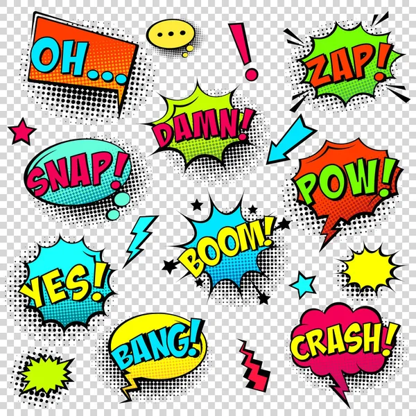 Comic colored speech bubbles with halftone shadow and text phrase. Sound expression of emotion. Hand drawn retro cartoon stickers. Pop art style. Vector illustration. — 스톡 벡터