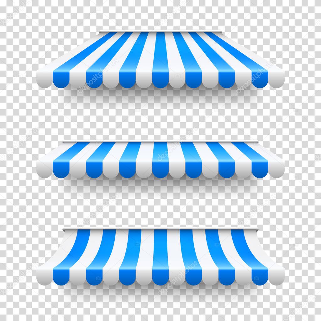 Shop sunshade. Realistic striped cafe awning. Outdoor market tent. Roof canopy. Summer street store. Vector illustration.