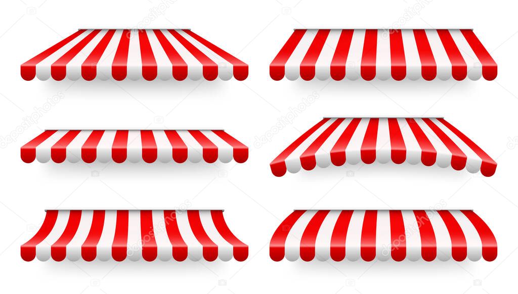 Shop sunshade. Realistic striped cafe awning. Outdoor market tent. Roof canopy. Summer street store. Vector illustration.