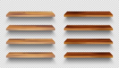 Realistic empty wooden store shelves set. Product shelf with wood texture. Grocery wall rack. Vector illustration.