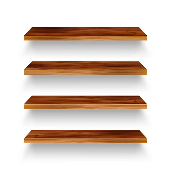 Estantes de madera vacíos realistas fijados. Estante del producto con textura de madera. Bastidor de pared del supermercado. Ilustración vectorial . — Vector de stock