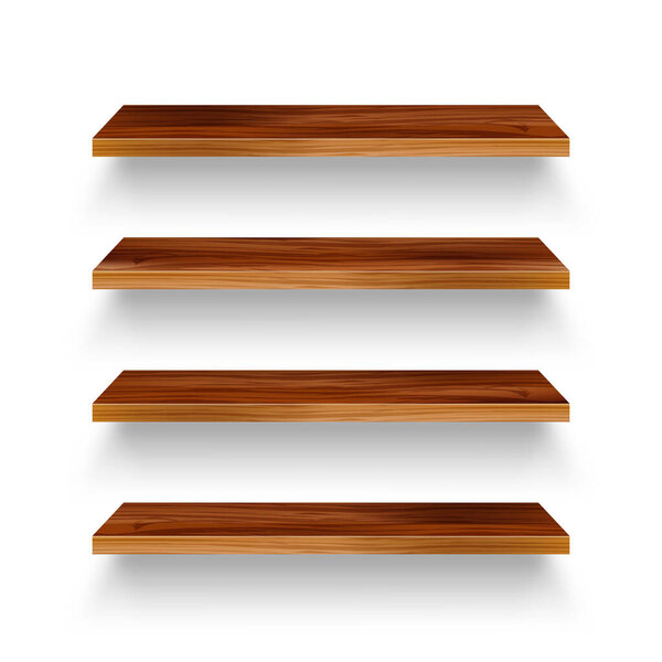 Realistic empty wooden store shelves set. Product shelf with wood texture. Grocery wall rack. Vector illustration.