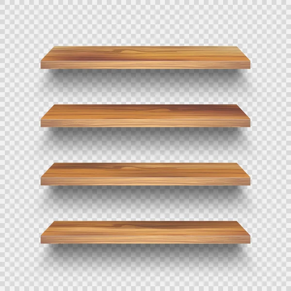 Realistic empty wooden store shelves set. Product shelf with wood texture. Grocery wall rack. Vector illustration. — Stok Vektör
