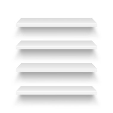 Gerçekçi boş mağaza rafları kuruldu. Ürün rafı. Duvar rafı. Vektör illüstrasyonu.