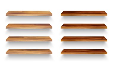 Realistic empty wooden store shelves set. Product shelf with wood texture. Grocery wall rack. Vector illustration.
