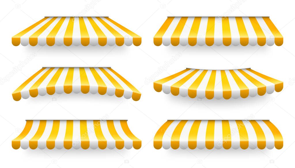 Shop sunshade. Realistic striped cafe awning. Outdoor market tent. Roof canopy. Summer street store. Vector illustration.