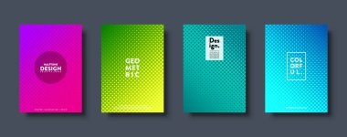 Noktalı yarım ton soyut arkaplan. Renkli gradyan tasarımı. Çemberli modern geometrik bayraklar. Pop sanat. Vektör illüstrasyonu.