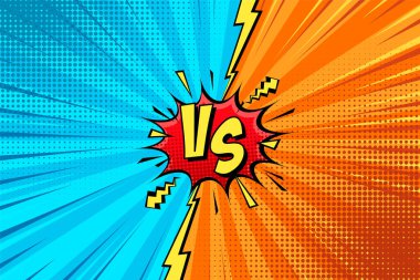 Çizgi film geçmişi. Dövüşün karşısında. Yarım ton unsurlu çizgi roman renkli yarışma posteri. Retro Pop Art tarzı. Vektör illüstrasyonu.