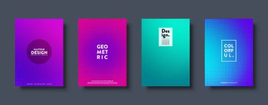 Noktalı yarım ton soyut arkaplan. Renkli gradyan tasarımı. Çemberli modern geometrik bayraklar. Pop sanat. Vektör illüstrasyonu.