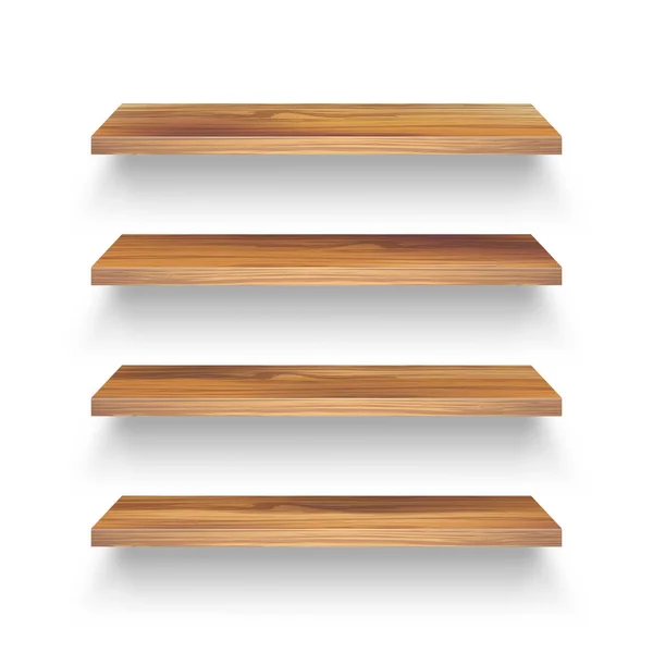 Prateleiras de madeira vazias realistas definidas. Prateleira de produtos com textura de madeira. Prateleira de parede de supermercado. Ilustração vetorial . —  Vetores de Stock