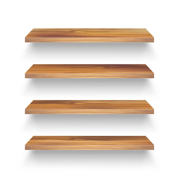 Realistic empty wooden store shelves set. Product shelf with wood texture. Grocery wall rack. Vector illustration.