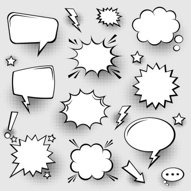 Yarım tonlu gölgeli boş komik konuşma baloncukları koleksiyonu. El çizimi eski çizgi film çıkartmaları. Pop sanat tarzı. Vektör illüstrasyonu.