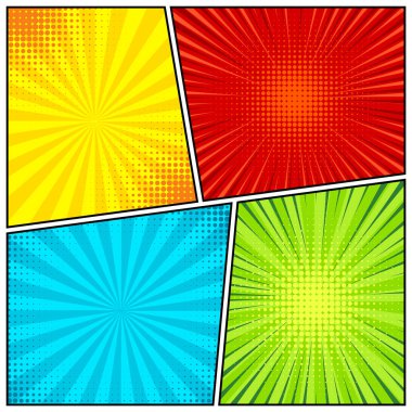 Çizgi film özgeçmişi ayarlandı. Yarım ton unsurlu renkli çizgi roman posteri. Retro Pop Art tarzı. Vektör illüstrasyonu.