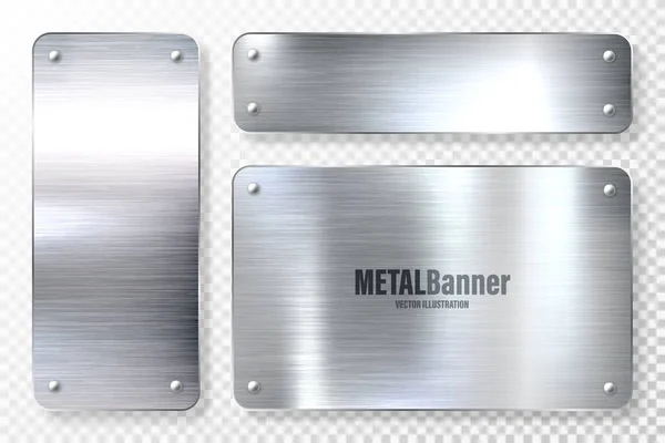 Bandeiras de metal brilhantes realistas definidas. Placa de aço escovado. Superfície de metal prata polida. Ilustração vetorial . —  Vetores de Stock