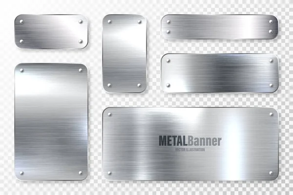 Set di banner realistici in metallo lucido. Piastra in acciaio spazzolato. Superficie in metallo argentato lucido. Illustrazione vettoriale . — Vettoriale Stock
