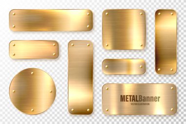Realistic shiny metal banners set. Brushed steel plate. Polished copper metal surface. Vector illustration. clipart