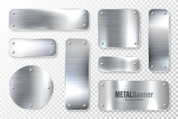 Bandeiras de metal brilhantes realistas definidas. Placa de aço escovado. Superfície de metal prata polida. Ilustração vetorial . —  Vetores de Stock