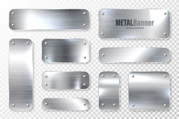 Bandeiras de metal brilhantes realistas definidas. Placa de aço escovado. Superfície de metal prata polida. Ilustração vetorial . —  Vetores de Stock